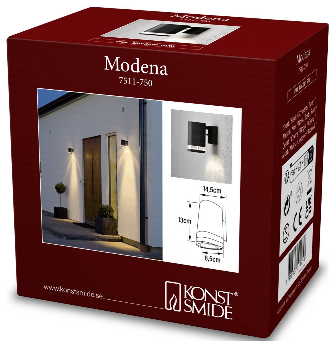 Eine Produktverpackung für 'Modena 7511-750', die eine moderne Außenwandleuchte präsentiert. Zeigt Abmessungen, Unternehmenslogo und ein Foto der Leuchte im Einsatz.