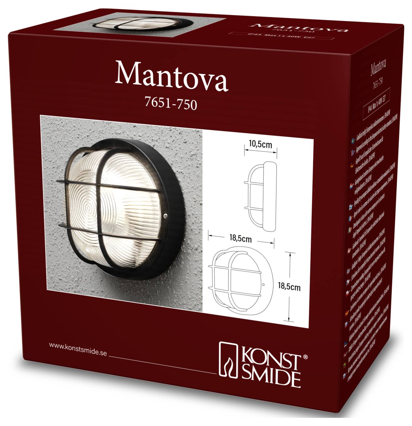 Das Bild zeigt eine Produktverpackung einer wandmontierten Außenleuchte namens Mantova. Technische Abmessungen und das Konstsmide-Logo sind sichtbar.