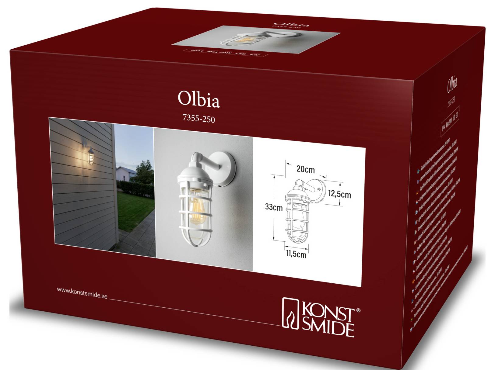 Verpackung der Konstsmide Olbia Wandleuchte mit Produktabbildung, Maße: 20 cm Höhe, 12,5 cm Breite, ragt 11,5 cm von der Wand ab.