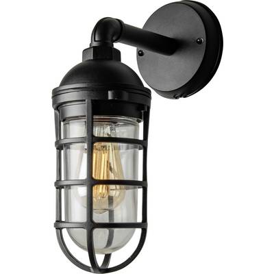 Ein Wandleuchter im Industriestil mit einem schwarzen Metallkäfig und klarem Glas, der eine freigelegte Glühlampe umschließt und auf einer runden Befestigungsplatte montiert ist.