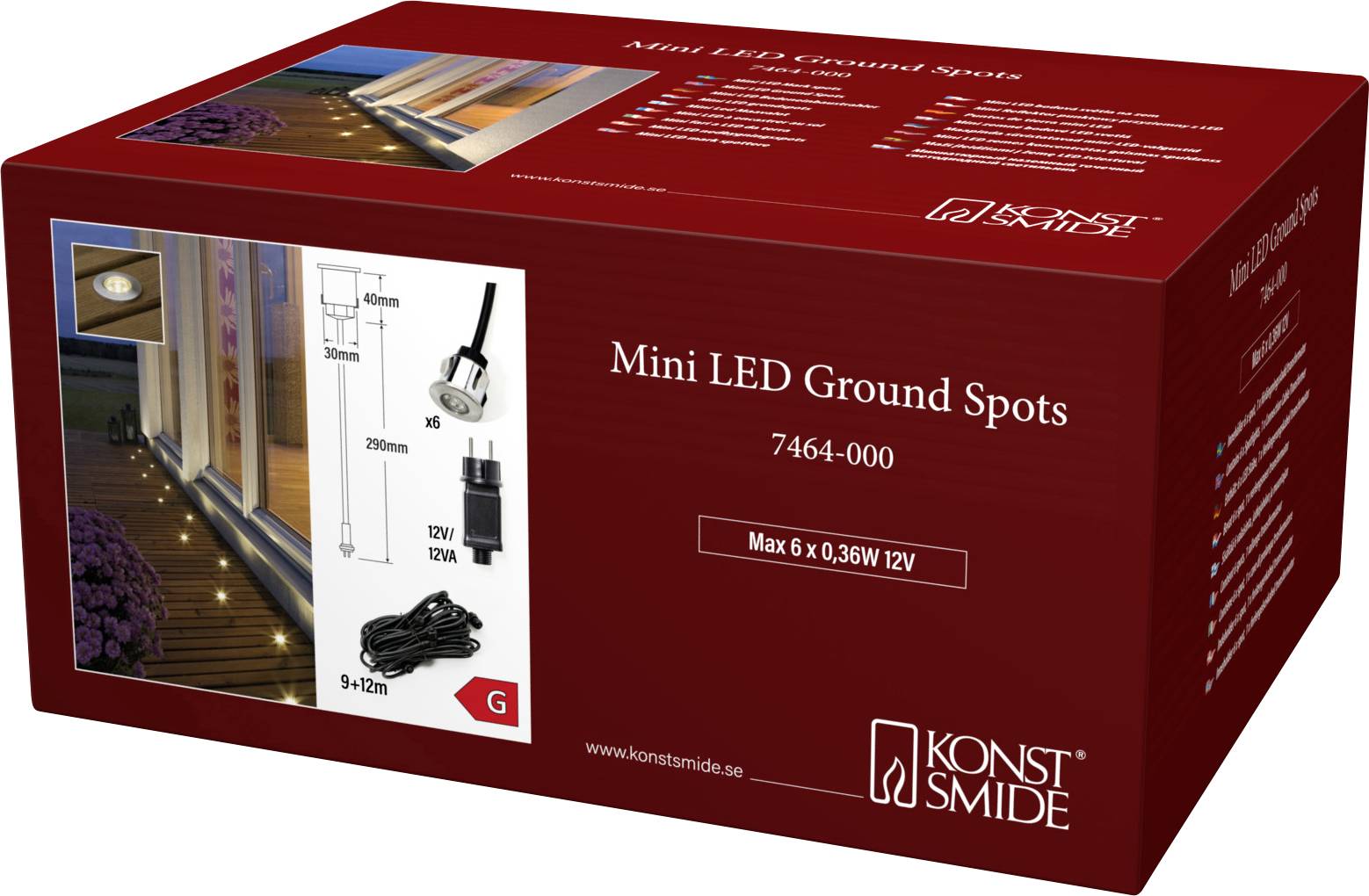 'Mini LED Bodeneinbaustrahler, 7464-000, Max 6 x 0.36W 12V'. Paket enthält Bild von Bodeneinbauspots neben einer Holzterrasse und technische Details.