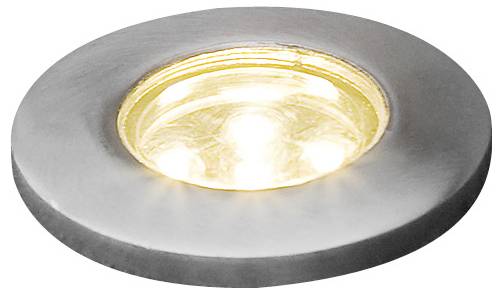 Runde, eingelassene Deckenleuchte mit silbernem Rand, die warmes, weißes Licht ausstrahlt.