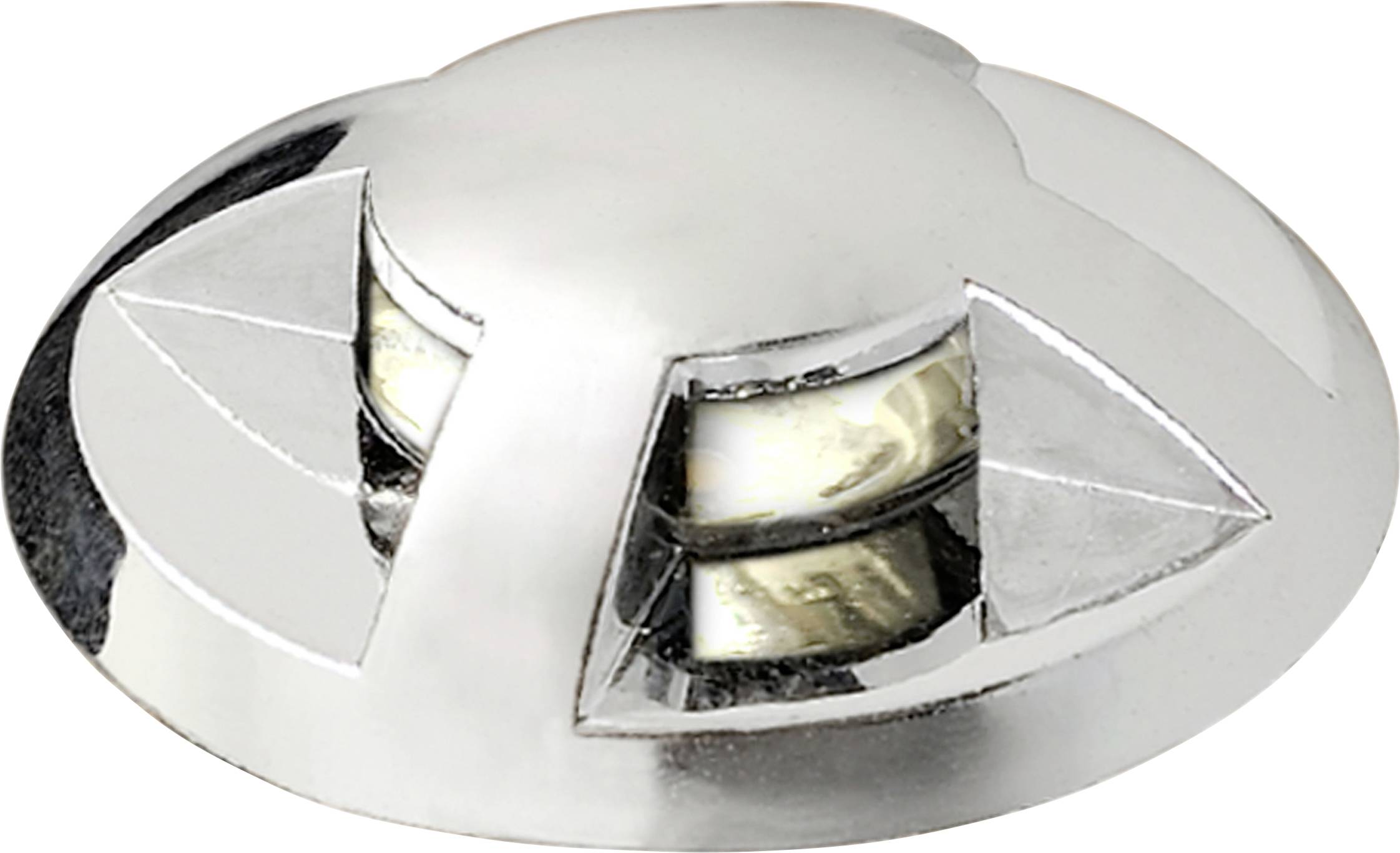 Eine kreisförmige, metallische LED-Deckeneinbauleuchte mit glatter, silberner Oberfläche und zwei sichtbaren Lichtstreifen in einem überlappenden geometrischen Ausschnittdesign.