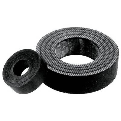Zwei schwarze Ferrit-Magnete unterschiedlicher Größe, beide mit einem zentralen Loch, auf einem schlichten Hintergrund platziert.