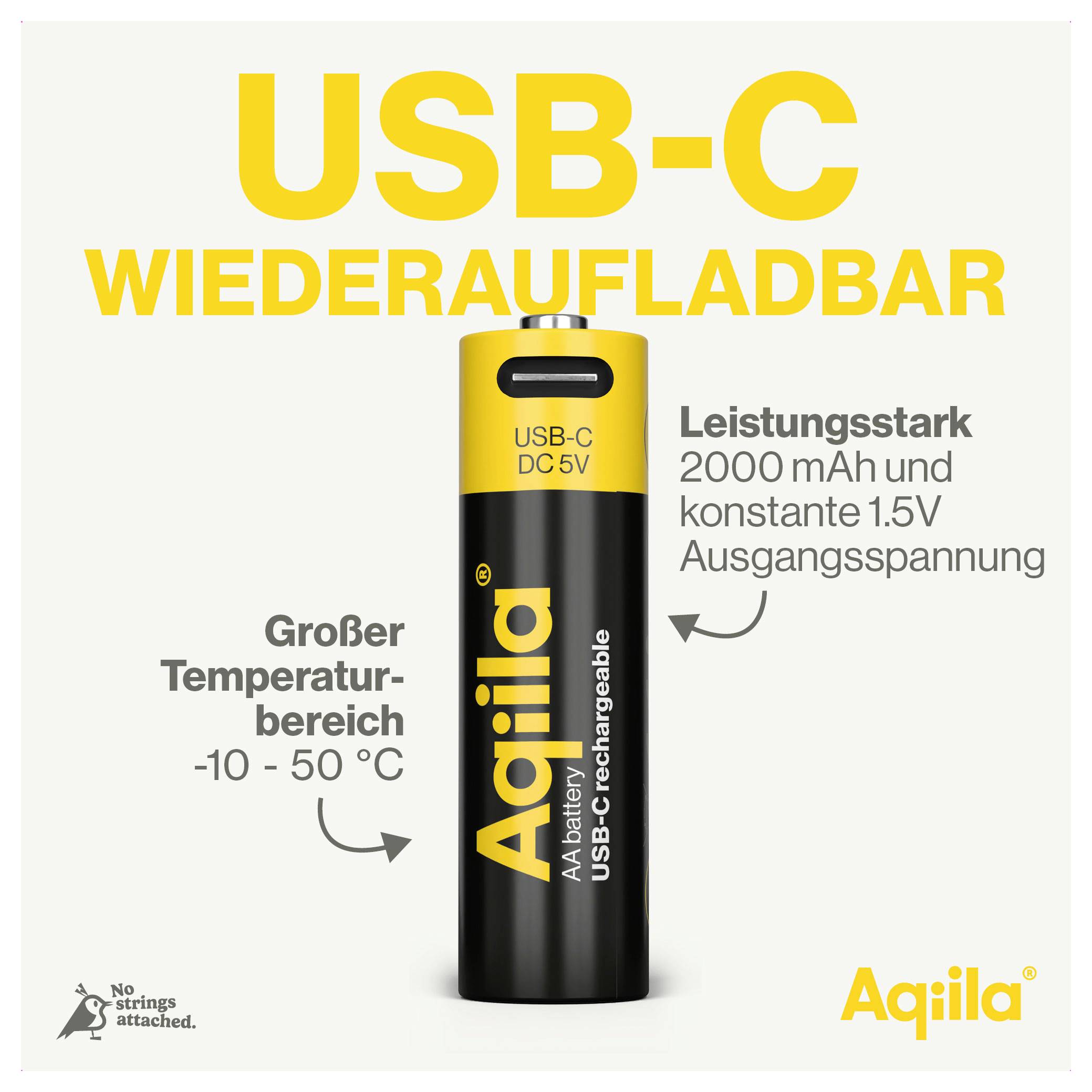 'USB-C wiederaufladbare Batterie von Aqila. Leistungsstark: 2000 mAh, konstante 1,5V. Betriebstemperaturbereich: -10 bis 50°C.'