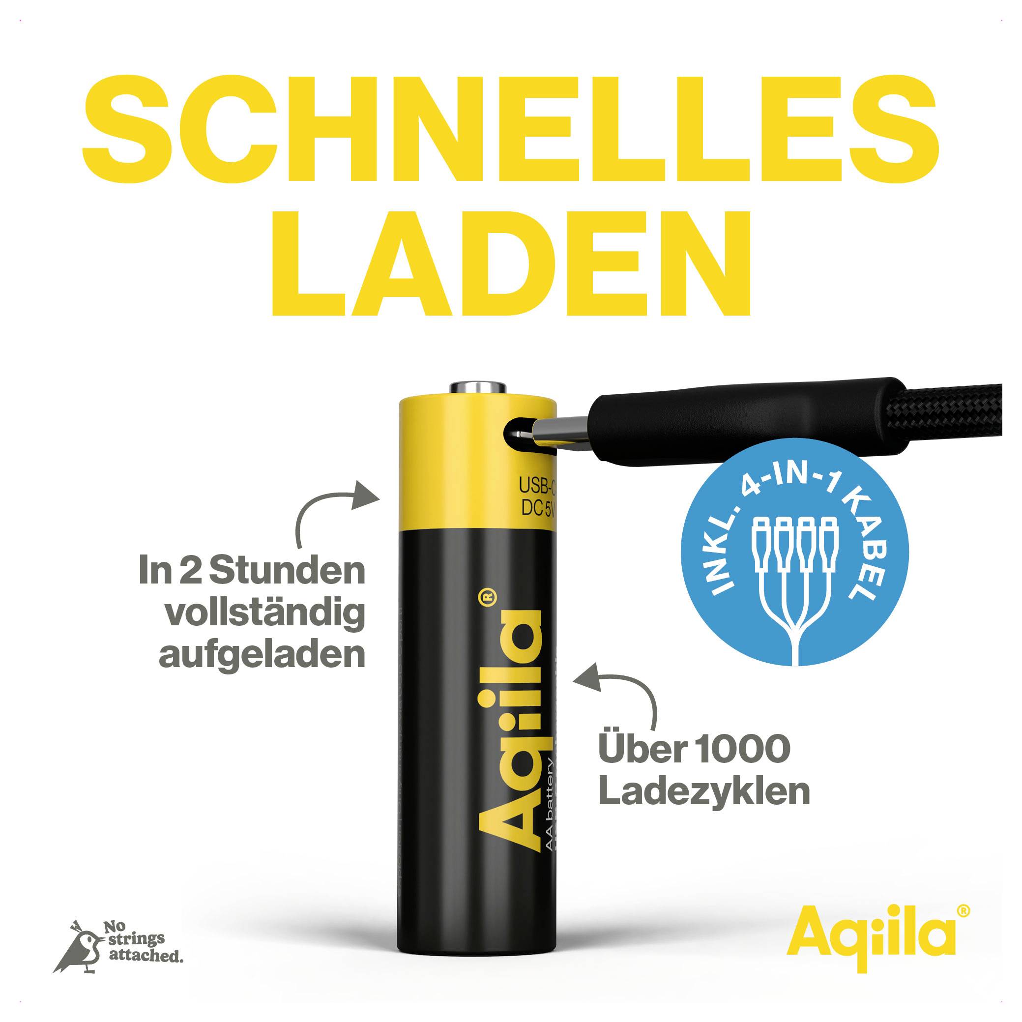 Schnellladebatterie mit USB-Anschluss und 4-in-1 Kabel. Text: 'In 2 Stunden vollständig aufgeladen', 'Über 1000 Ladezyklen'.