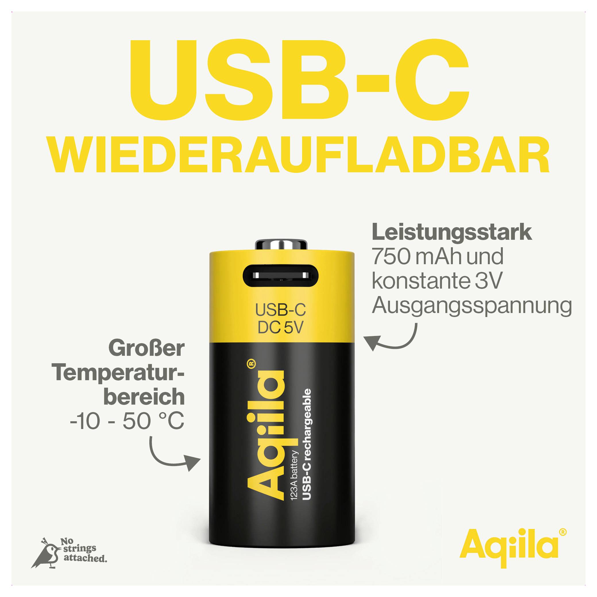 USB-C wiederaufladbare Batterie von Aqila mit 750 mAh und 3V Ausgangsleistung. Geeignet für Temperaturen von -10 bis 50°C.