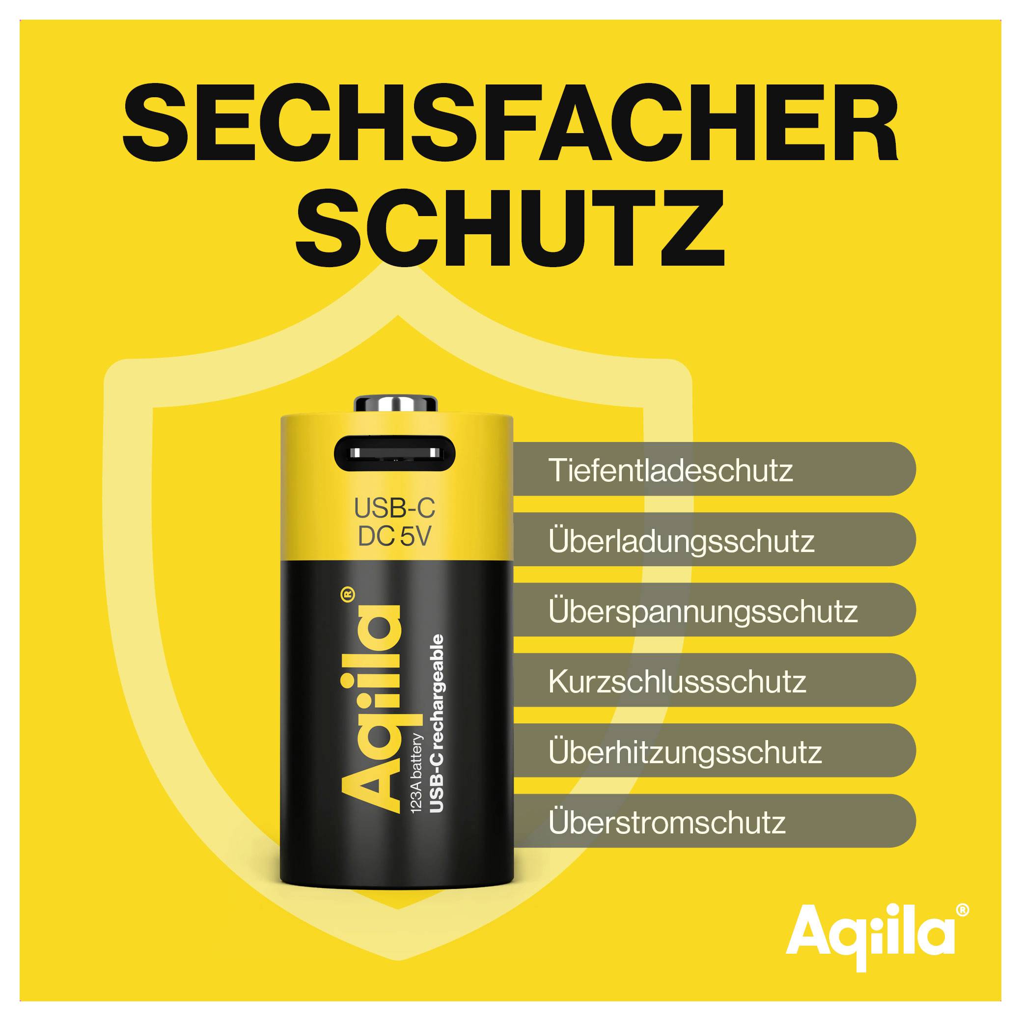 Gelber Hintergrund mit schwarzem Text: 'SECHSFACHER SCHUTZ'. Darunter eine Batterie mit Auflistung von Schutzmerkmalen wie Überladungsschutz.
