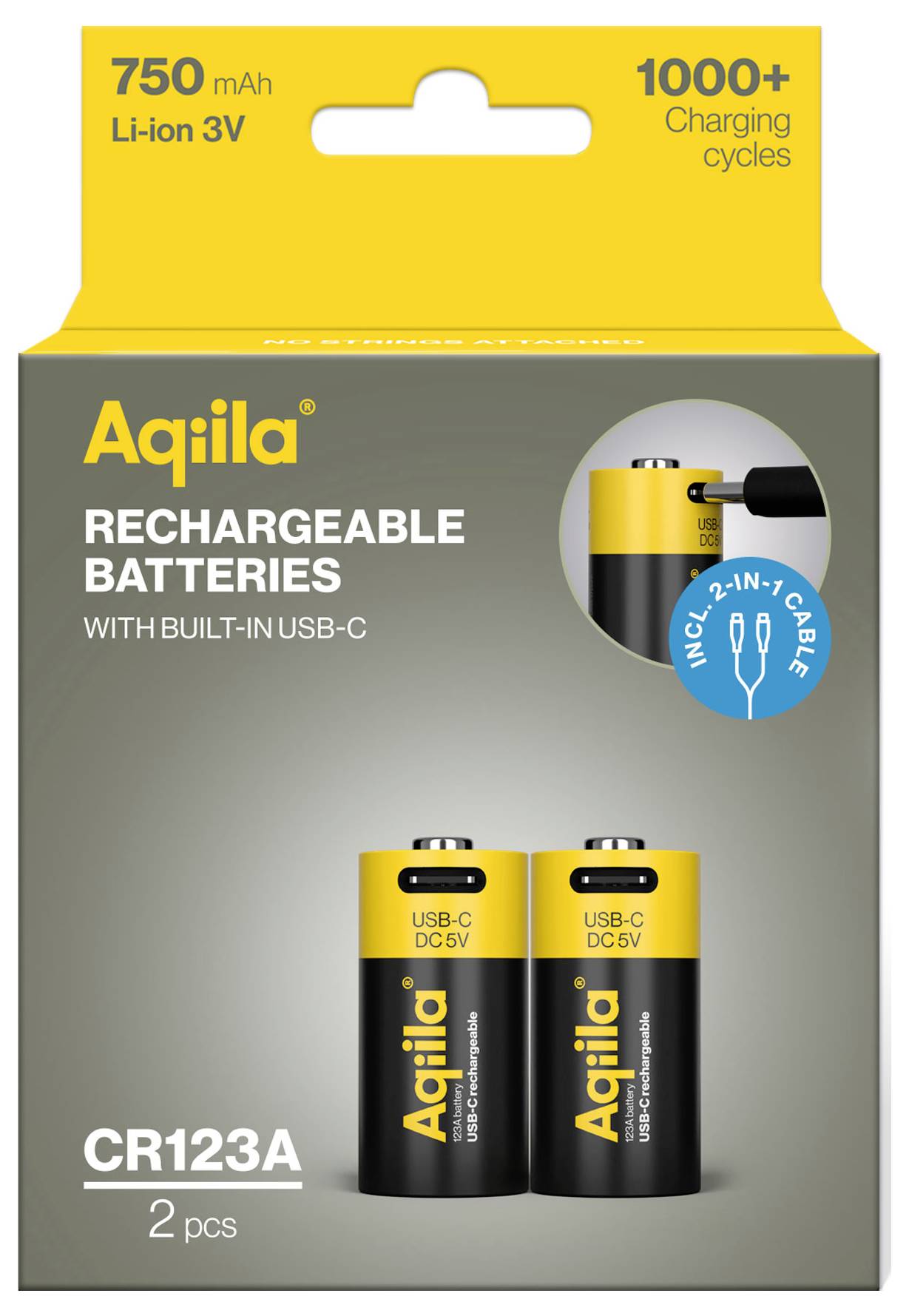 'Aquila' wiederaufladbare CR123A-Batterien mit USB-C, 750 mAh, 3V, über 1000 Ladezyklen. Verpackung zeigt 2 Batterien und USB-C-Anschluss.