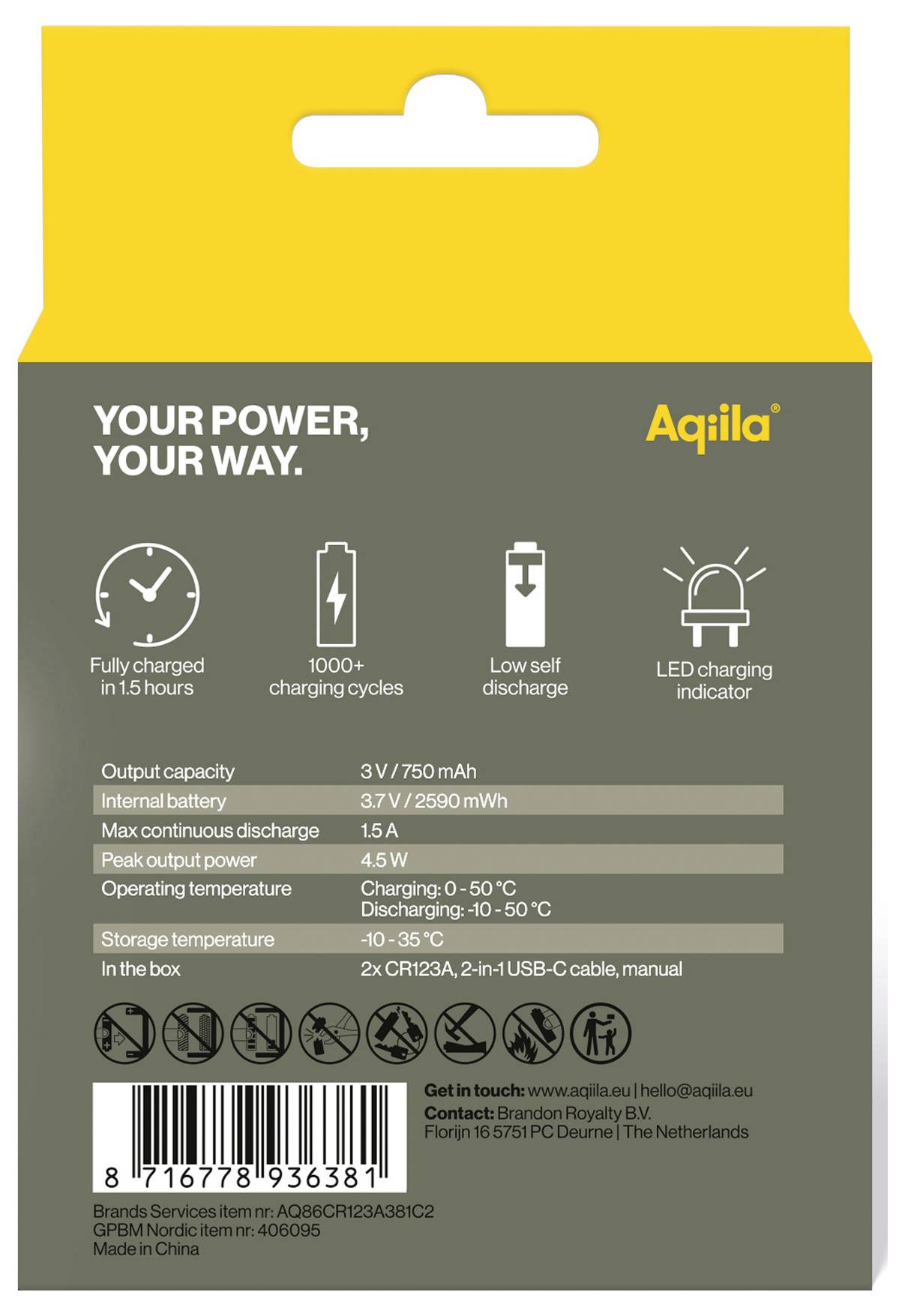 Rückseite einer Verpackung eines Ladegeräts mit Details zur Batteriekapazität, Ladezeit, Temperaturbereich und Kontaktinformationen.