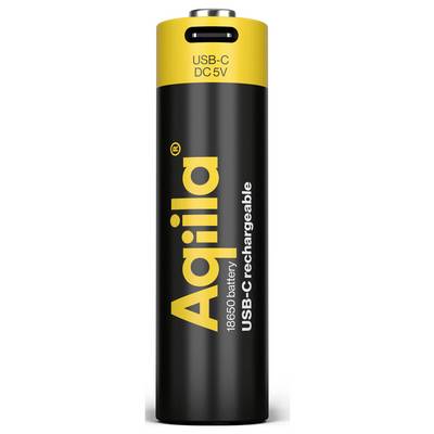 Wiederaufladbare USB-C-Batterie, Modell Agiia 18650, gezeigte Kapazität DC 5V, zylindrische Form, gelb-schwarzes Design.