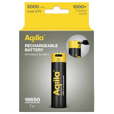 'Aquila wiederaufladbare Batterie 18650' mit eingebautem USB-C, 2000 mAh, 3,7V, über 1000 Ladezyklen. Abbildung der Batterie auf der Verpackung.