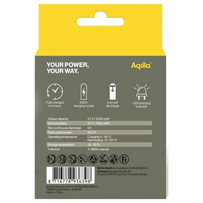Rückseite einer Batteriepackung mit Angaben wie Kapazität (2000mAh), Ladezyklen, Entladestrom und Temperaturbereich. Enthält LED-Ladeanzeige.