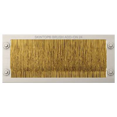 Ein rechteckiges Bürstenpanel mit der Beschriftung ‚SKINTOP® BRUSH ADD-ON 24', das dicht gepackte Borsten in einem Metallrahmen aufweist, wahrscheinlich für Kabelmanagement.