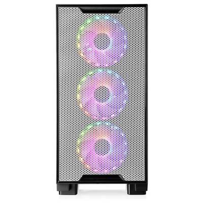 Ein Computergehäuse mit Frontgitter, das drei vertikal ausgerichtete RGB-beleuchtete Lüfter präsentiert, die farbenfrohe Lichter ausstrahlen.