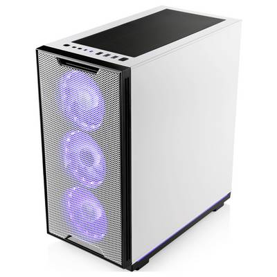 Ein schlanker weißer Computergehäuse mit einer Mesh-Frontblende, an der drei blaue beleuchtete Lüfter sichtbar sind, entwickelt für optimale Kühlung und Leistung.