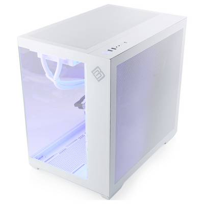 Ein weißer Computertower mit einer Glasseite gibt Einblicke in die internen Komponenten und ein Wasserkühltungssystem. Die externe Oberfläche ist schlank und belüftet.