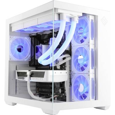 Ein weißer Gaming-PC mit transparenter Gehäuseverkleidung, der belechtete blaue Kühlerlüfter und -schläuche präsentiert, mit einer sichtbaren 'GEFORCE RTX' Grafikkarte.