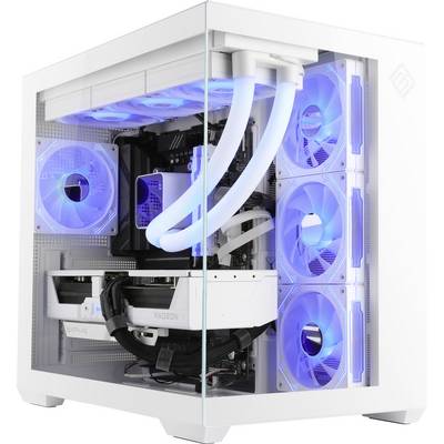 Ein weißer High-Performance-Gaming-PC mit transparentem Gehäuse zeigt die Innenkomponenten und blaue LED-Kühlventilatoren, die das Innere beleuchten.