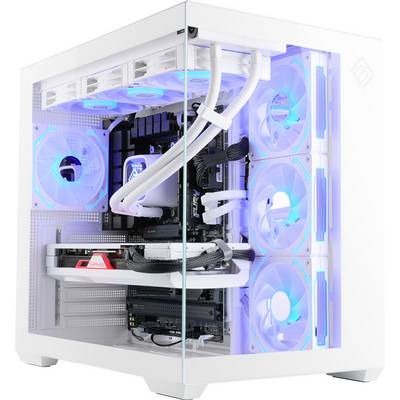 Ein weißes Computergehäuse mit leuchtend blauen Lüftern und sichtbaren Innenkomponenten, darunter ein Mainboard und eine Grafikkarte, von der Seite betrachtet.