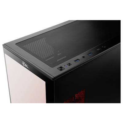 Schwarzes Computergehäuse mit Mesh-Oberseite, die USB-Anschlüsse, Einschaltknopf und Lüftungsdesign zum Kühlen zeigt.