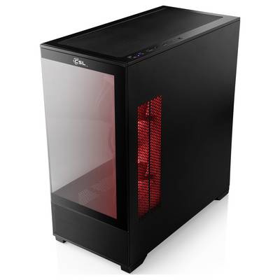 Ein schwarzer Computer-Tower mit einer Glasseite zeigt eine rote interne Beleuchtung, was auf High-Performance-Gaming oder professionelle Nutzung hindeutet.