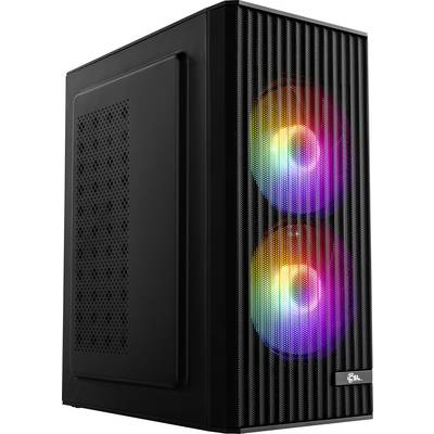 Ein schwarzer Computer-Tower mit bunten LED-Lichtern, die durch sein Frontgitter sichtbar sind und zwei Lüfter mit Regenbogen-Beleuchtungseffekten zeigen.