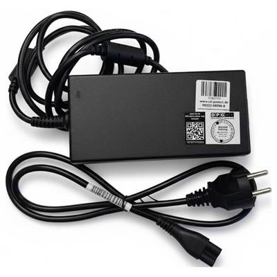 Ein schwarzes Netzteil mit europäischem Stecker, Barcode und Konformitätskennzeichnungen, entwickelt für elektronische Geräte.