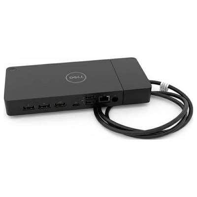Ein Dell-Dockingstation mit USB-, HDMI-, Ethernet-Anschlüssen und Netzkabel, die eine Laptop-Verbindung mit mehreren Geräten und Netzwerken ermöglicht.