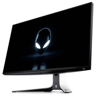 Ein schlanker Computermonitor, der ein ikonisches Alien-Logo auf einem schwarzen Bildschirm zeigt, mit einem futuristischen, minimalistischen Ständer.