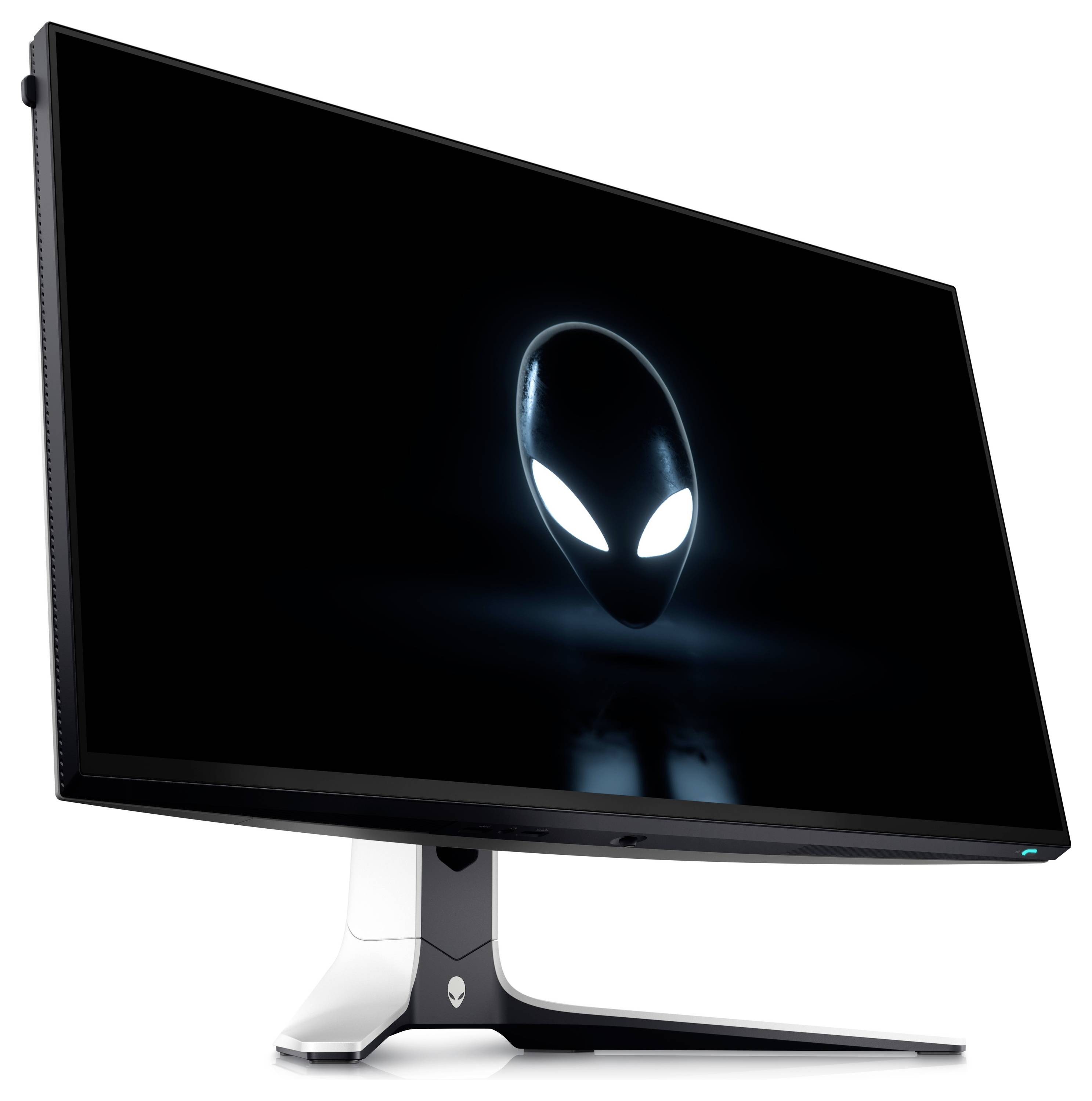 Alienware-Monitor, der ein leuchtendes Alien-Kopf-Symbol auf einem schwarzen Bildschirm zeigt. Der Monitor hat ein schlankes Design mit einem dunklen Rahmen und einem silbernen Ständer.