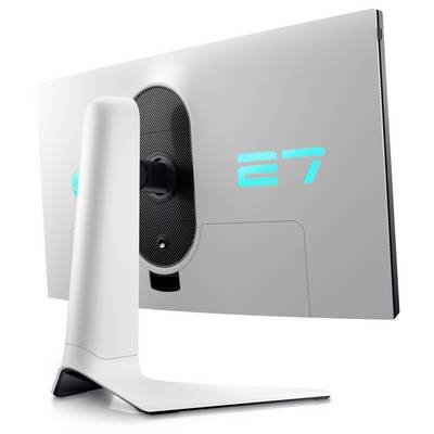 Ein schlanker, weißer Computermonitor, von hinten betrachtet, mit einem geschwungenen Ständer und einer leuchtenden '27', die die Bildschirmgröße anzeigt.