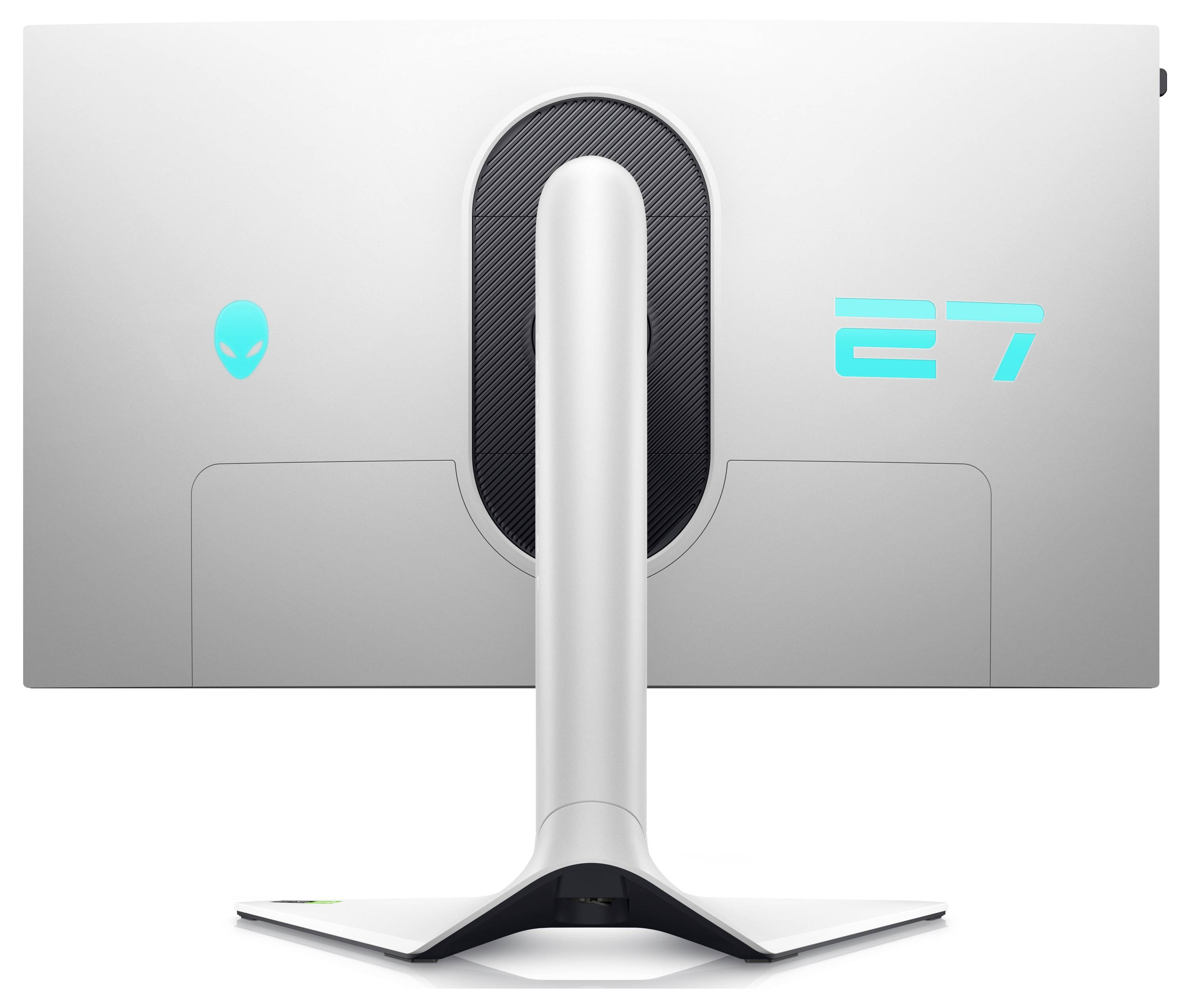 Das Bild zeigt die Rückseite eines Breitbild-Monitors mit einem futuristischen Design, mit einem markanten Ständer und beleuchteten Logos.