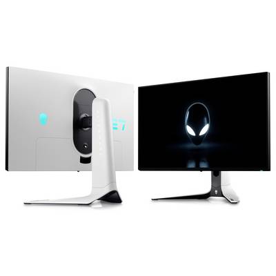 Ein weißer Computermonitor, der ein leuchtendes Alien-Gesichtslogo auf dem Bildschirm zeigt, mit dem gleichen Logo auf der Rückseite.