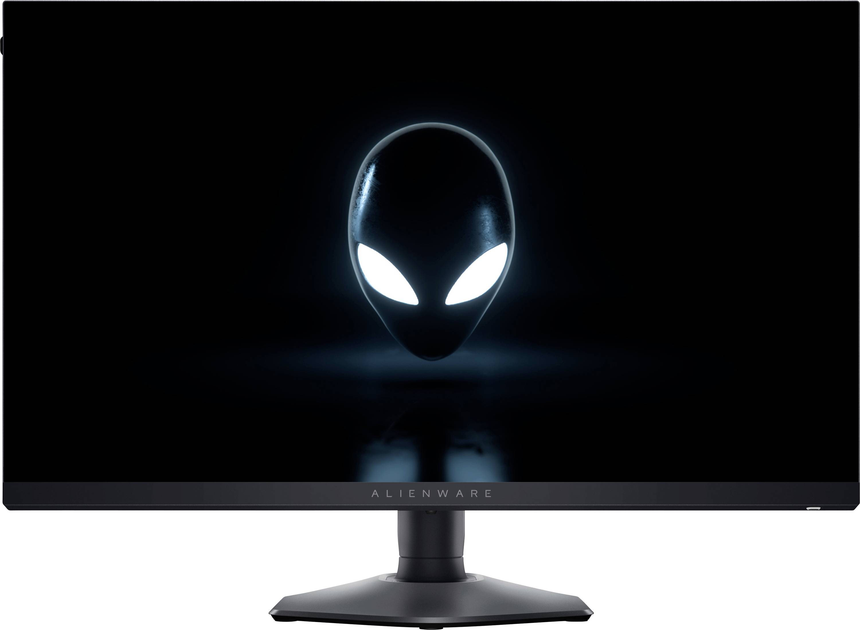 Alienware-Bildschirm, der ein leuchtendes Alien-Kopf-Logo auf einem dunklen Hintergrund zeigt.