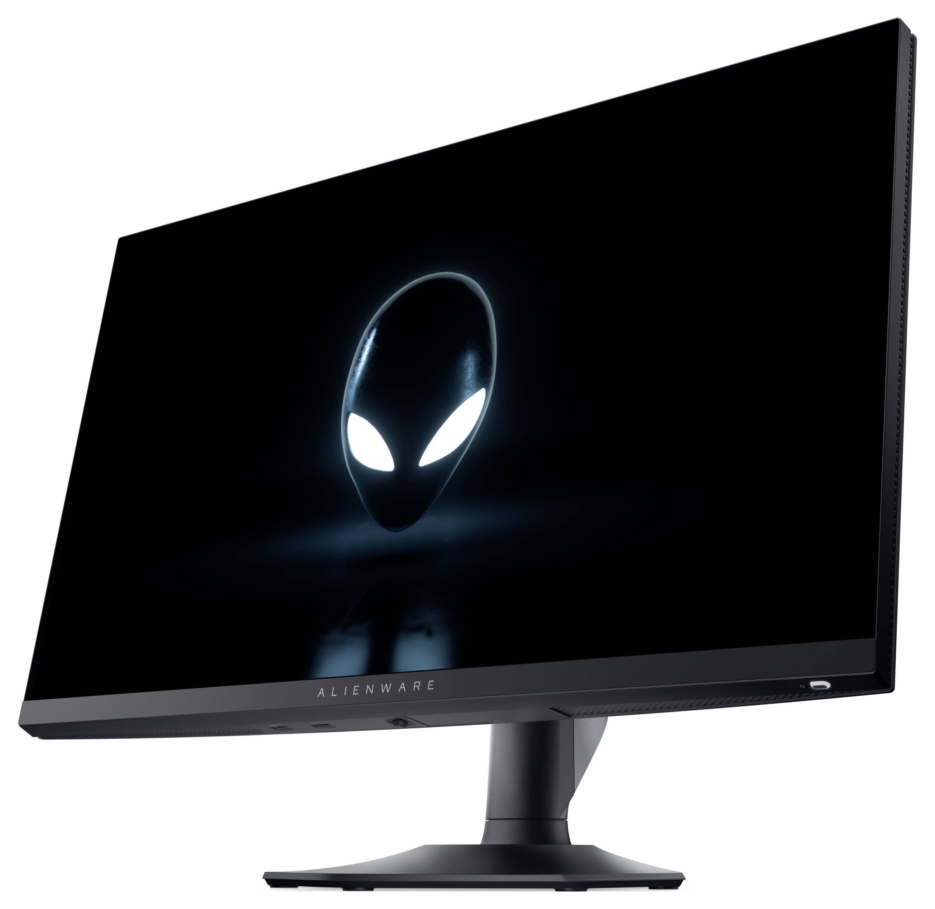 Ein Breitbild-Computermonitor, der das Alienware-Logo zeigt, mit einem beleuchteten Alien-Kopf auf schwarzem Hintergrund.