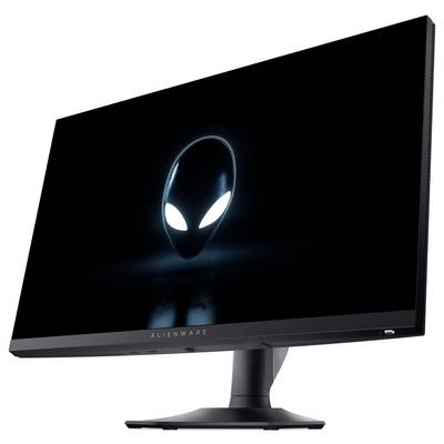 Ein Breitbild-Computermonitor, der das Alienware-Logo zeigt, mit einem beleuchteten Alien-Kopf auf schwarzem Hintergrund.