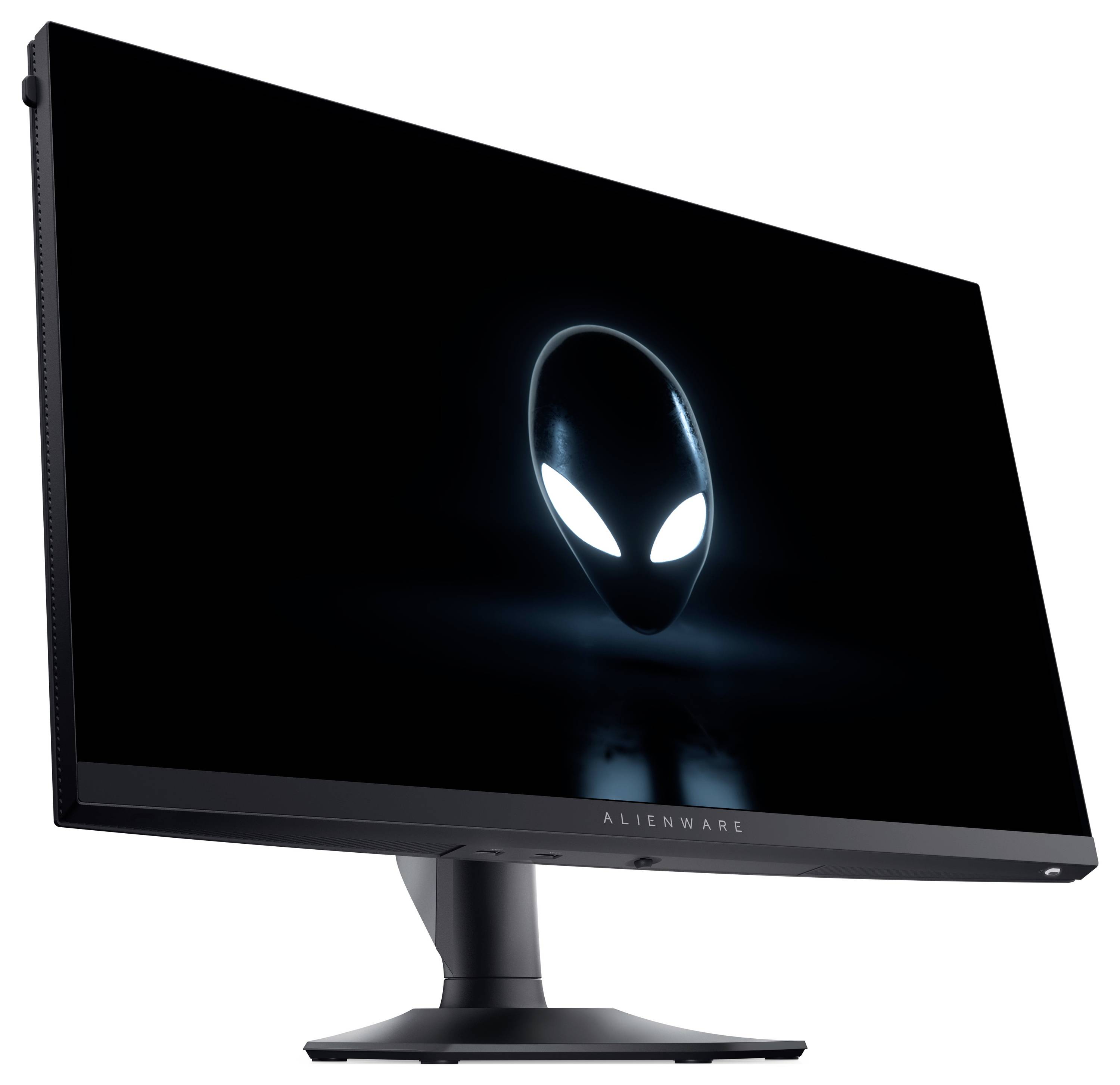 Aliens-Logo auf einem schwarzen Alienware-Bildschirm, Schrägansicht, vor einem einfarbigen weißen Hintergrund.
