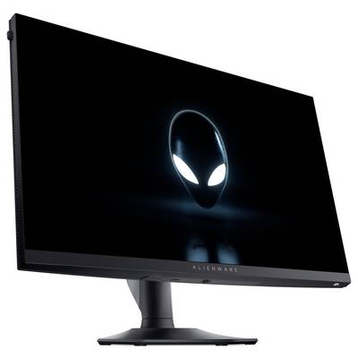 Aliens-Logo auf einem schwarzen Alienware-Bildschirm, Schrägansicht, vor einem einfarbigen weißen Hintergrund.