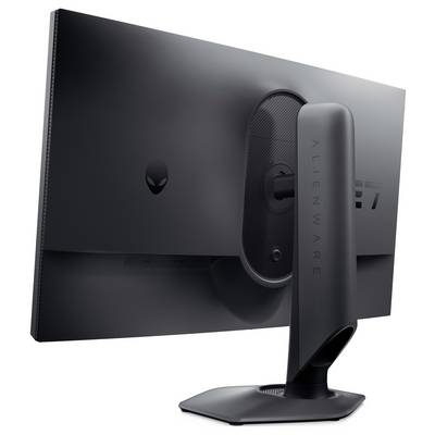 Ein schlanker schwarzer Alienware-Monitor, von hinten gezeigt, der sein dünnes Design und das ikonische Alien-Kopf-Logo hervorhebt.