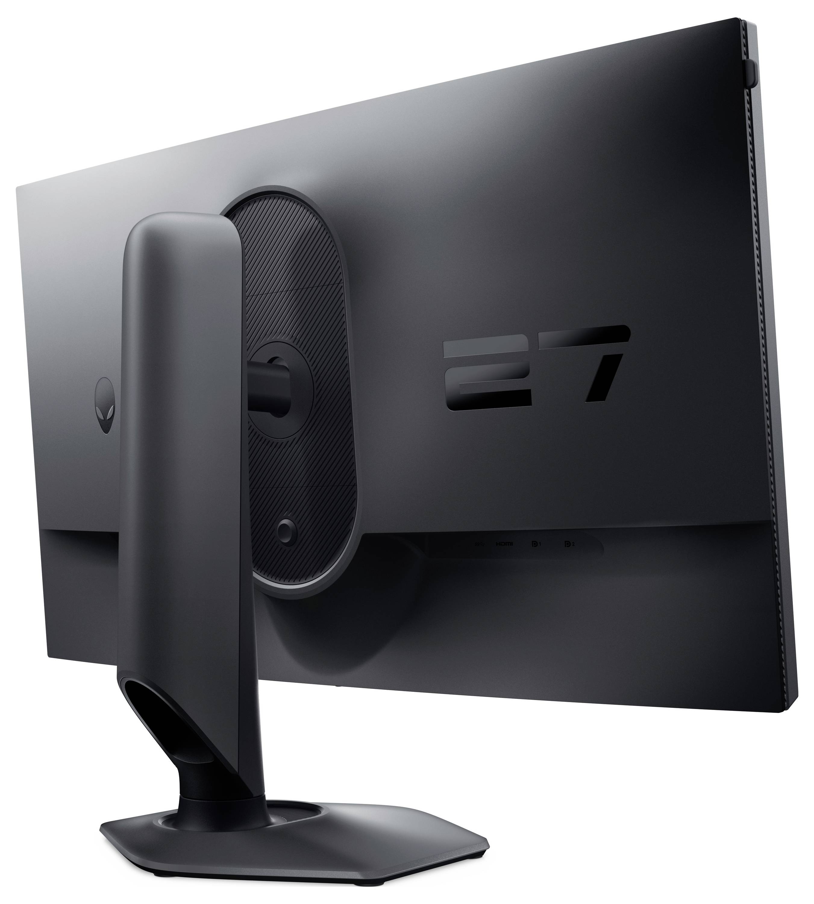 Rückansicht eines schwarzen 27-Zoll-Computermonitors mit einem futuristischen Ständerdesign, der geschwungene Linien und eine minimalistisch-elegante Ästhetik präsentiert.