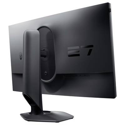 Rückansicht eines schwarzen 27-Zoll-Computermonitors mit einem futuristischen Ständerdesign, der geschwungene Linien und eine minimalistisch-elegante Ästhetik präsentiert.