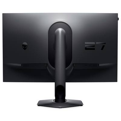 Rückansicht eines schlanken, schwarzen 27-Zoll-Computermonitors mit einem einzigartigen Standdesign, der die Zahl '27' und ein subtiles Logo zeigt.