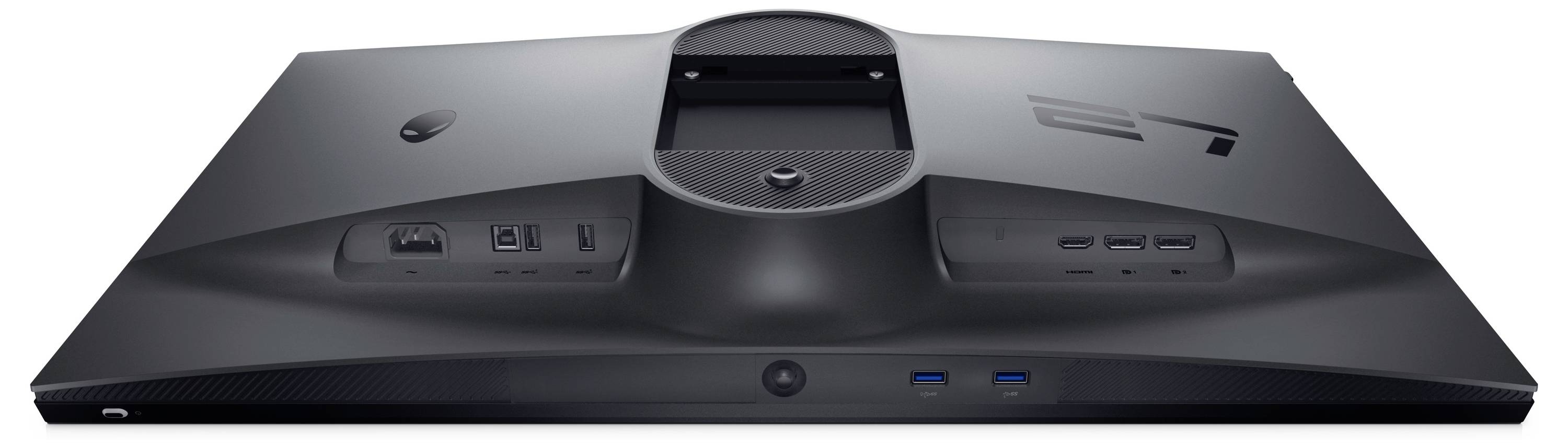 Rückansicht eines schwarzen Monitors, der Anschlüsse zeigt: HDMI, DisplayPort, USB und Audio. Der Monitor hat ein schlankes, minimalistisches Design.