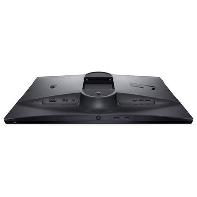 Rückansicht eines schwarzen Monitors, der Anschlüsse zeigt: HDMI, DisplayPort, USB und Audio. Der Monitor hat ein schlankes, minimalistisches Design.