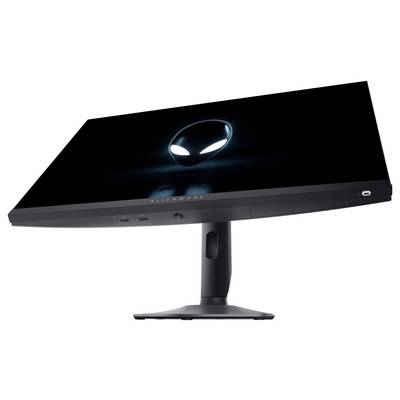 Monitor von 'Alienware' mit einem Alien-Logo auf dem Bildschirm, der ein schlankes, modernes Design zeigt. Der Monitor ist geneigt und betont seinen verstellbaren Ständer.