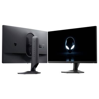 Zwei schwarze Computermonitore; einer zeigt ein Alien-Logo auf dem Bildschirm, der andere wird von hinten gezeigt, wobei das Wort "Alienware" sichtbar ist.
