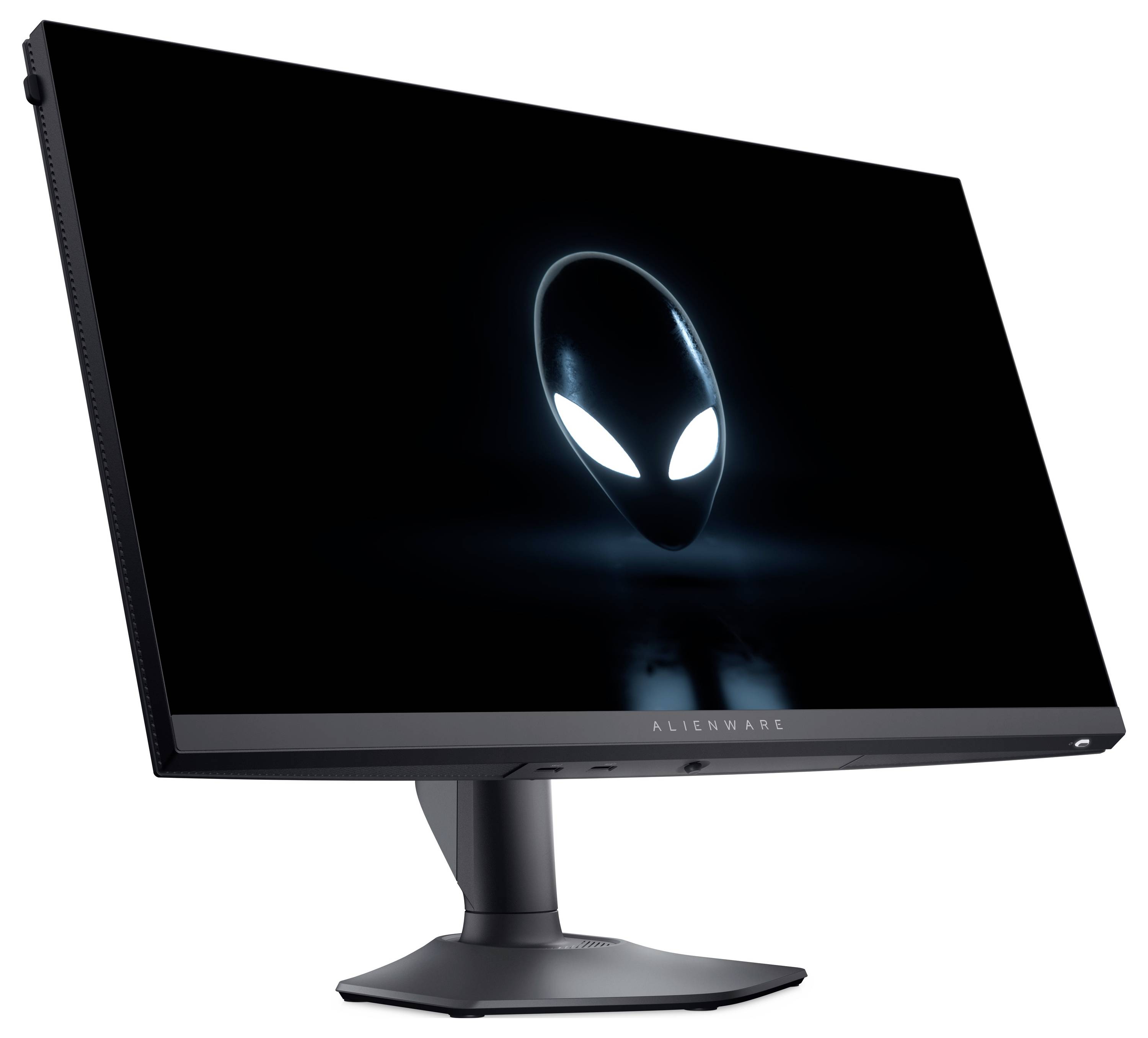 Ein schlanker Computermonitor, der ein leuchtendes, stilisiertes Alien-Gesichtslogo auf einem dunklen Bildschirm zeigt. Der Monitor hat einen dünnen Rahmen und einen stabilen Ständer.