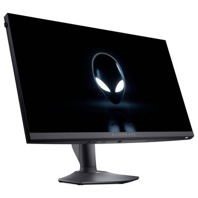 Zwei Ansichten eines Gaming-Monitors: Vorderseite mit beleuchtetem Alien-Logo; Rückseite zeigt den Ständer und die Markierung.