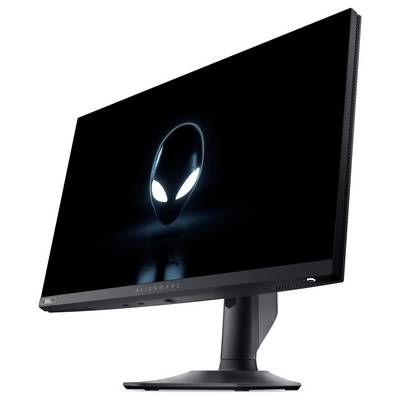 Ein schlanker schwarzer Computermonitor, der ein Alien-Logo mit leuchtenden Augen auf einem dunklen Bildschirm zeigt und auf einem stabilen Sockel steht.